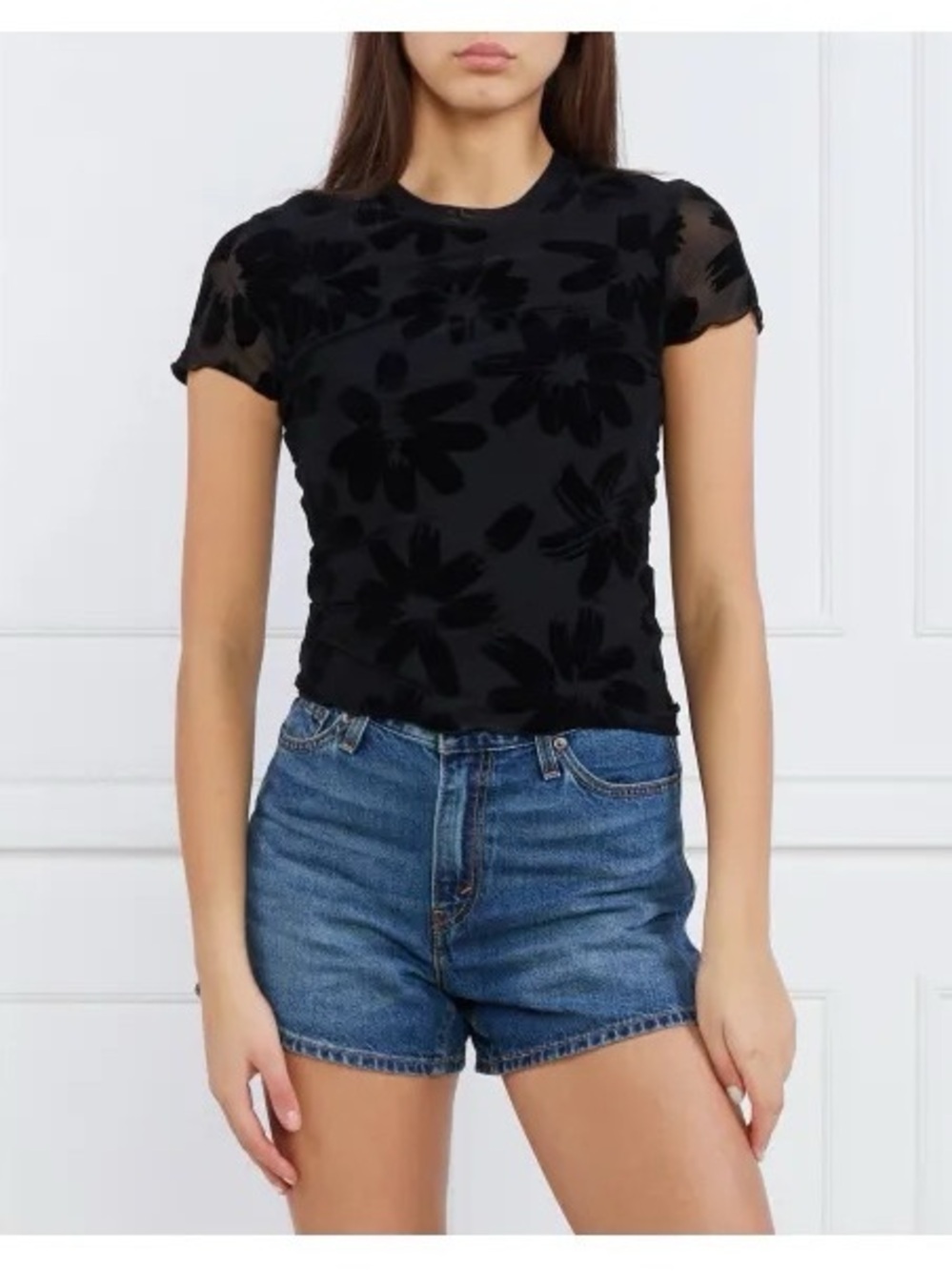 DESIGUAL Women’s Black Floral Flocked Mesh Short Sleeve Tee Shirt Size Large
